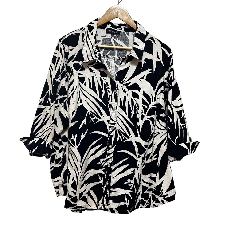 Rachel Zoe Women Tropical Coastal Button Tunic Top 3X Black White Linen Blend